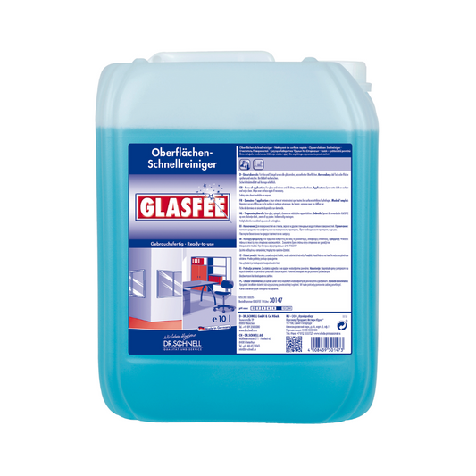 Ein blauer 10-Liter-Behälter mit Dr. Schnell GlasFee Glasreiniger von DR.SCHNELL GmbH & Co. KGaA, ideal für die Oberflächenreinigung. Das Etikett auf der Vorderseite enthält Anweisungen und Produktdetails und zeigt ein Bild makelloser Oberflächen wie eines Büroschreibtischs und Glaswände.
