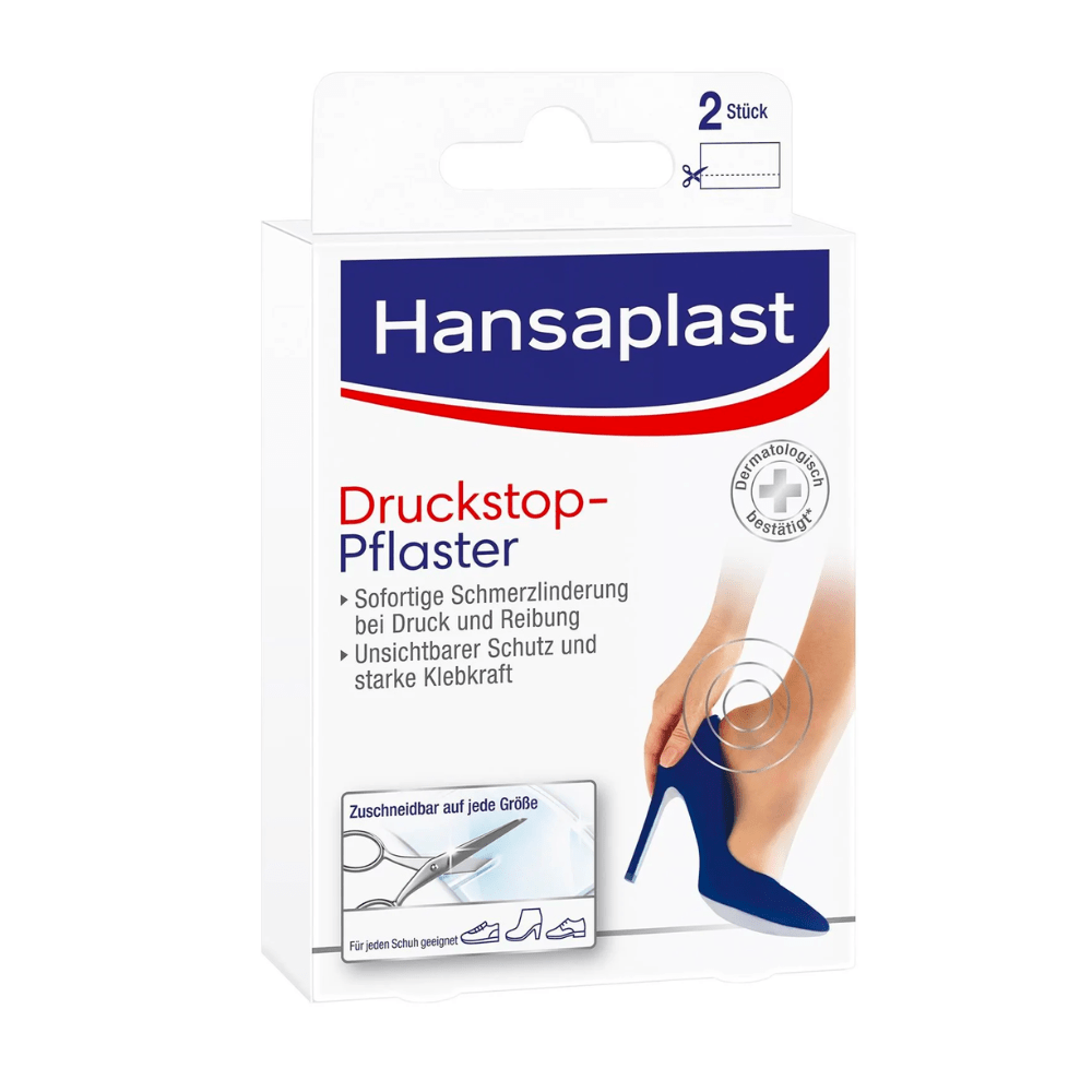 Confezione del cerotto Hansaplast Druckstop della Beiersdorf AG con l’immagine di un piede femminile in un tacco alto, che promette sollievo dai dolori da pressione. Il testo è in tedesco e sottolinea la funzione protettiva.