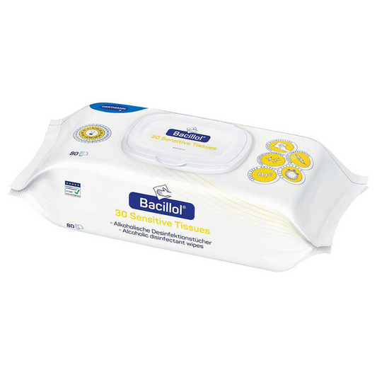 Hartmann Bacillol® 30 Sensitive Tücher der Paul Hartmann AG: Flowpack mit 80 Tüchern, schonend für empfindliche Oberflächen. Die weiße Verpackung mit blauen und gelben Akzenten und der wiederverschließbare Kunststoffdeckel halten die Tücher frisch.