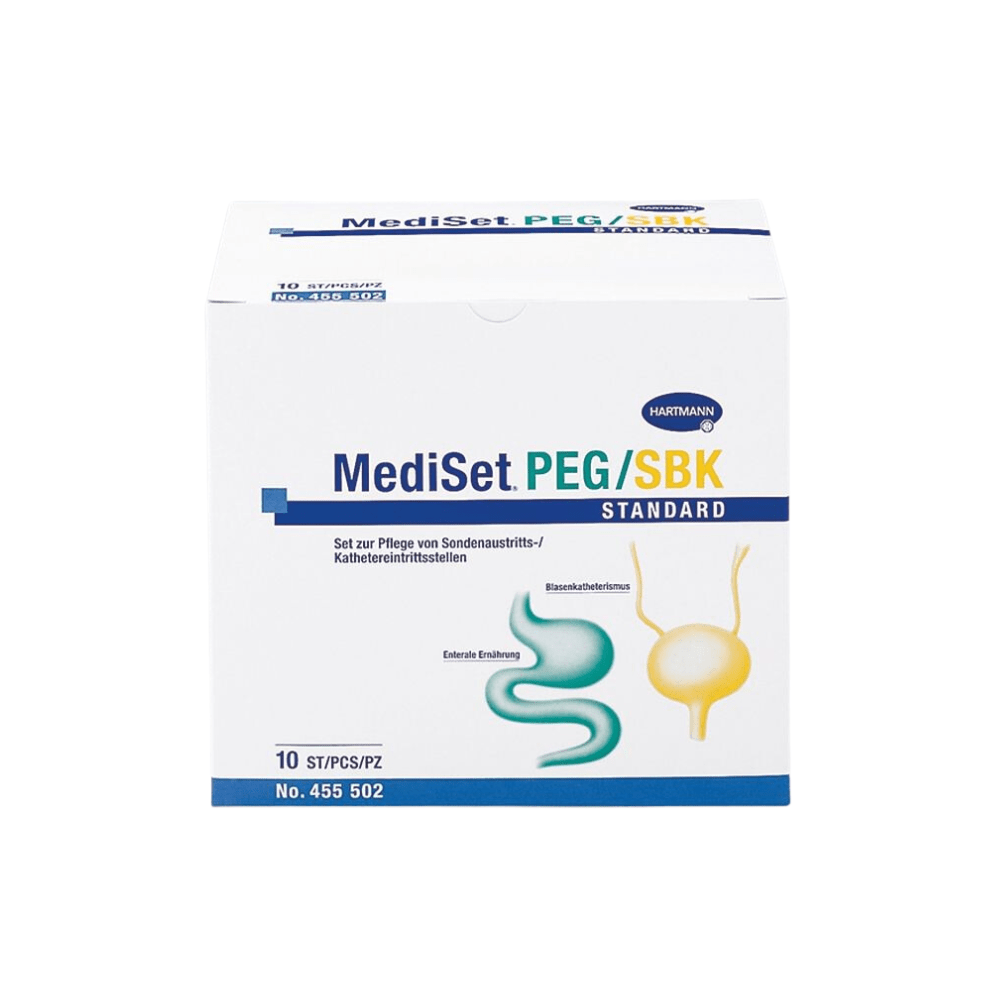 Immagine di una confezione recante la scritta «Hartmann MediSet PEG/SPK Standard Katheter-Set, sterile». Questo prodotto della Paul Hartmann AG contiene 10 set per la cura del catetere. Sul lato anteriore sono raffigurati il tratto digestivo e il catetere; sulla confezione è riportato il numero di prodotto 455 502 e un testo in tedesco.
