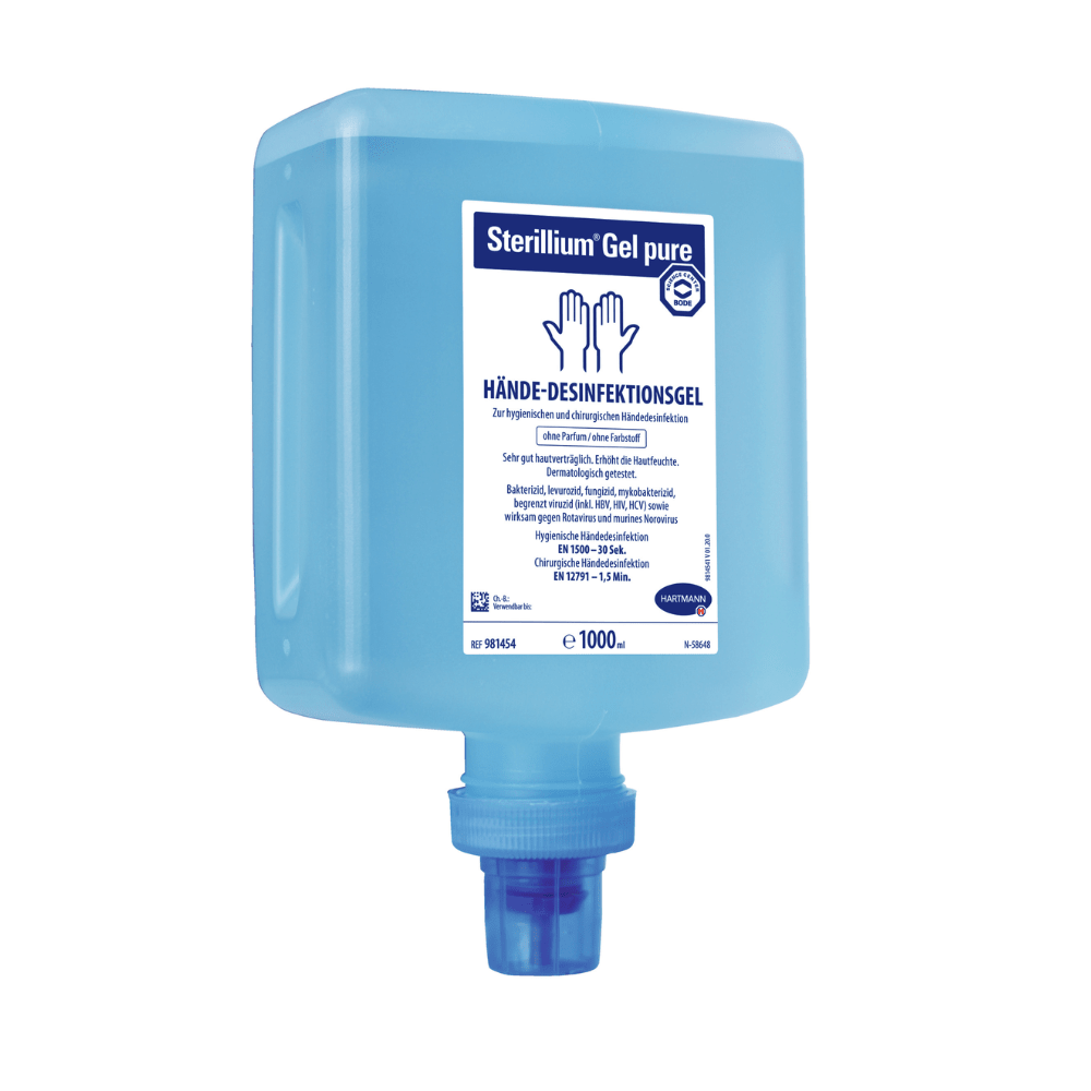 Un contenitore blu contenente il gel disinfettante per le mani Hartmann Sterillium® Gel pure, dotato di un rubinetto nella parte inferiore e recante le istruzioni per l’uso e le informazioni sul contenuto in lingua tedesca. Sul contenitore è indicata la capacità.