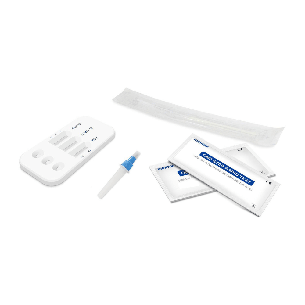 Test rapido professionale HighTop per influenza A/B, RSV e Covid-19 – Confezione da 20 | Confezione (20 test) su sfondo bianco, comprensiva di dispositivo di test, tampone sterile, tampone per l’estrazione del campione e foglietti illustrativi.