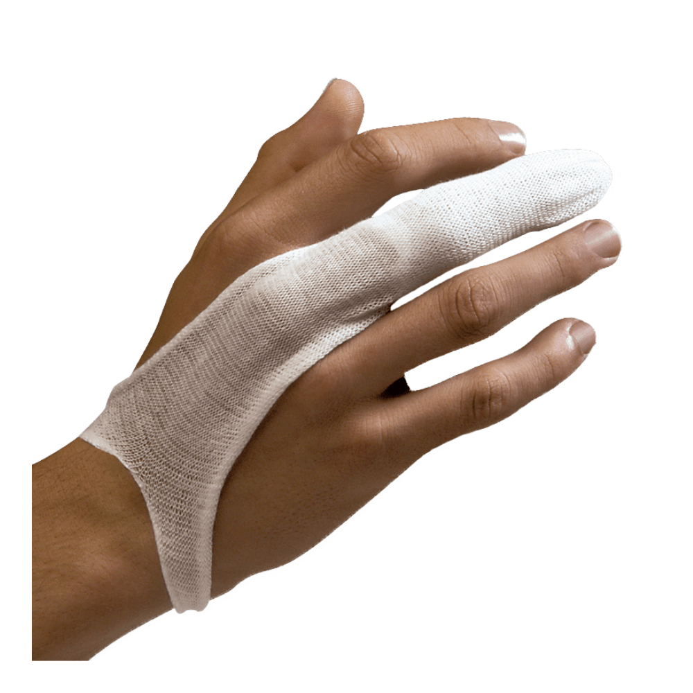 Una mano con ditali elastici della Holthaus, che coprono l’indice e arrivano fino alla base del pollice, prodotti dalla Holthaus Medical GmbH & Co. KG. La fasciatura traspirante ed elastica immobilizza l’indice. Lo sfondo è di un bianco semplice.