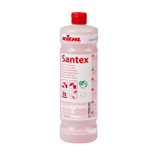 Die 1.000-ml-Kunststoffflasche des Kiehl Santex Intensiv-Sanitärreinigers der Johannes Kiehl KG hat einen roten Verschluss, ein rotes Etikett mit Anwendungshinweisen, Piktogrammen und Produktinfos sowie ein grünes Prüfzeichen und ist ein wirksamer Sanitärreiniger und Entkalker.
