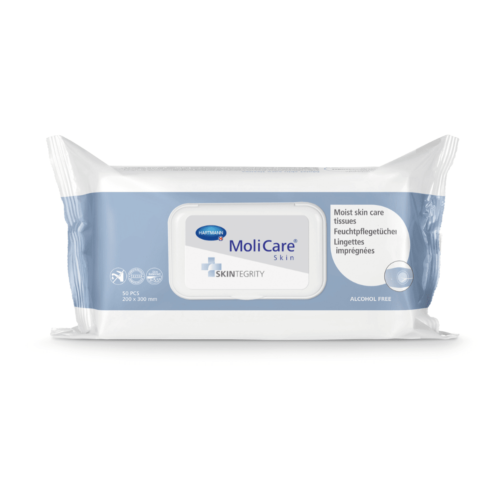 Confezione di salviettine idratanti MoliCare® Skin della Paul Hartmann AG in una confezione bianca e blu, contrassegnata come «salviettine idratanti per la cura della pelle», senza alcool, nel formato 20x