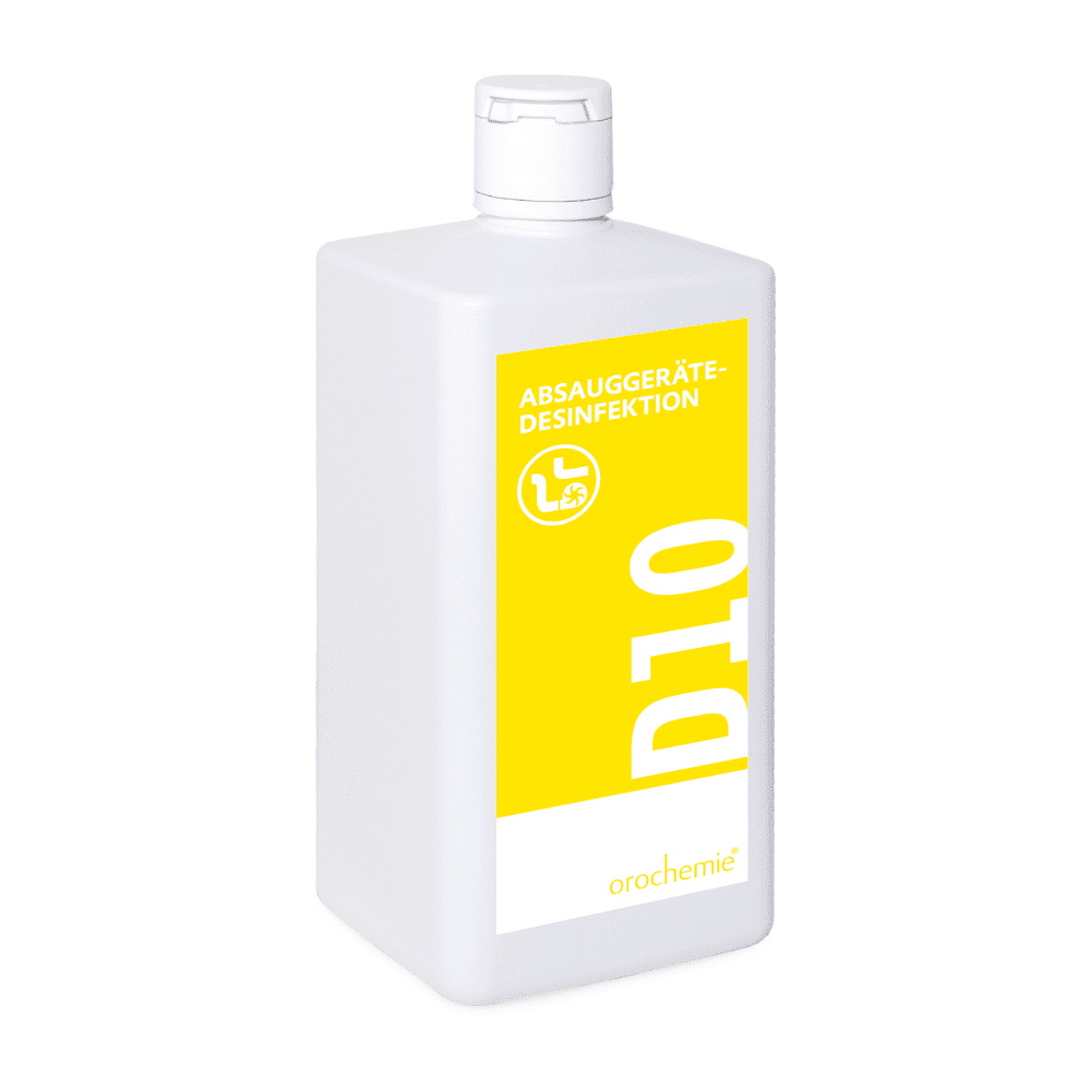 Orochemie D 10 Disinfettante per dispositivi di aspirazione, adatto anche per dispositivi di inalazione (flacone da 1 l) di orochemie GmbH + Co KG: disinfettante privo di aldeidi in flacone di plastica bianco con etichetta gialla “D10” per dispositivi di aspirazione e di inalazione.