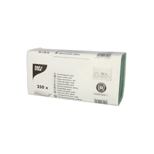 Dieses Set aus 250 grünen, umweltfreundlichen Papierservietten der PAPSTAR GmbH aus Recycling-Krepppapier hat die Maße 25 x 23 cm. Die Verpackung präsentiert Produktdetails und das ikonische PAPSTAR-Logo und garantiert Qualität und Nachhaltigkeit bei jeder Verwendung.