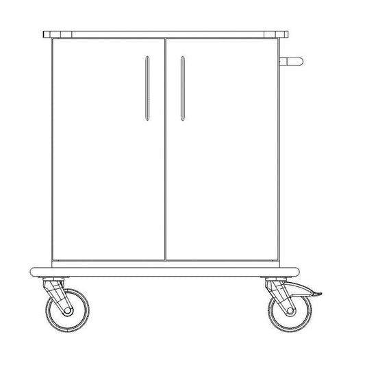 Strichzeichnung des Novocal Pflege- und Arbeitswagen Fahrgestells mit zwei vertikalen Griffen an Doppeltüren, flacher Oberseite, seitlichem Griff und vier großen Lenkrollen - ideal für den Einsatz im Krankenhaus. Marke: Novocal. Packung (1 Stück).