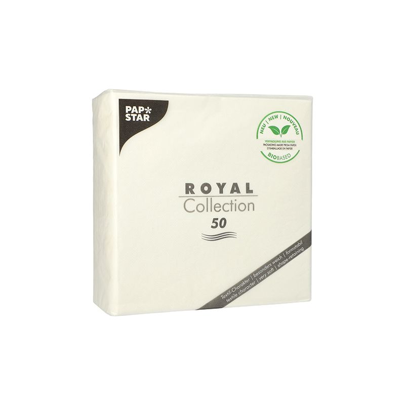 Un pacchetto di tovaglioli PAPSTAR "ROYAL Collection" 1/4 piega, contiene 50 pezzi ed è ideale per la vostra decorazione da tavola. La confezione presenta un'etichetta ecologica con un design a foglia che indica la compostabilità al 100%. Questi tovaglioli bianchi, prodotti dalla PAPSTAR GmbH, mostrano un marchio semplice ed elegante.
