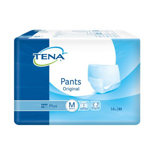 Eine Packung TENA Pants Original Plus Inkontinenzpants bietet saugfähige Inkontinenzhosen für Erwachsene. Die überwiegend blau-weiße Verpackung weist die Größe M aus, umfasst 14 Stück und bietet zuverlässigen Schutz bei Blasenschwäche. Auf der Vorderseite ist ein Bild des Produkts unter der Marke TENA – Essity Germany GmbH abgebildet.