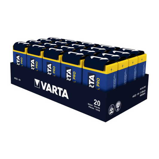 Ein Displaykarton mit 20 Varta AG Auslaufartikel: Industrial Pro 4022 9V E-Block 6LR61 Blockbatterien, angeordnet in zwei Reihen in einer dunkelblauen Schachtel mit gelbem und weißem Branding und Produktangaben auf der Seite.
