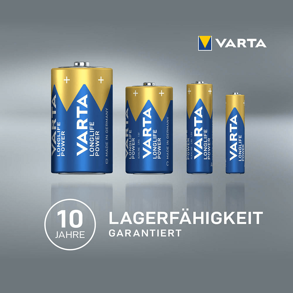 Quattro batterie Varta Longlife Power Micro AAA 4903 LR03, ordinate dalla più grande alla più piccola, con la dicitura «10 anni di durata di conservazione garantita».