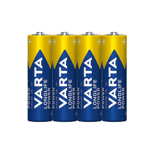Vier Varta Longlife Power 4906 AA Batterien (LR6, 4 Stück in Folie) stehen aufrecht nebeneinander. Die blauen und gelben Labels der Marke Varta AG zeigen ihre Eignung für Geräte mit hohem Energiebedarf.