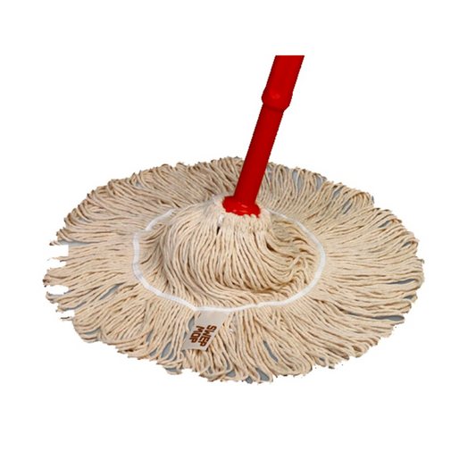 Der Vileda Twist Mop (Swep), hergestellt von der Vileda GmbH aus 100 % Baumwollfasern, präsentiert sich mit seinem ikonischen roten Griff vor einem sauberen weißen Hintergrund.