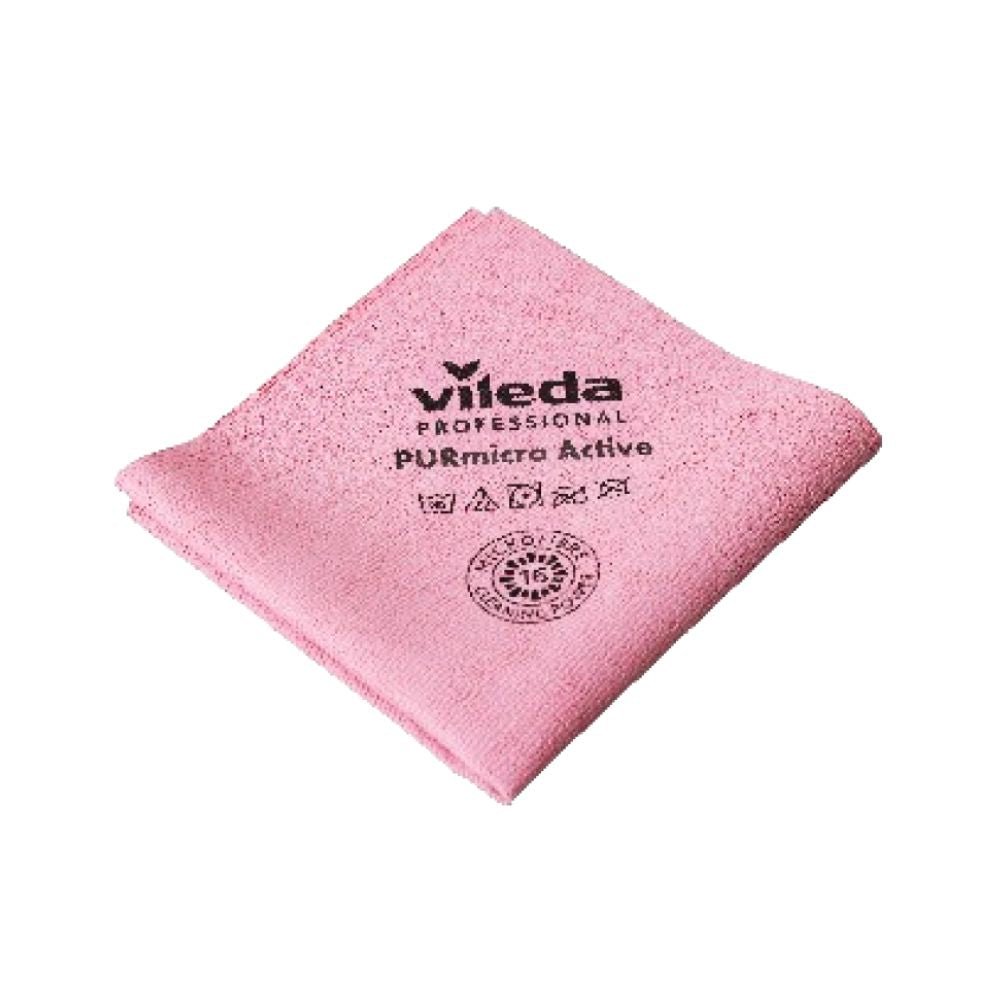 Il panno in microfibra Vileda GmbH Professional PURmicro Active è un panno rosa dotato di simboli di riciclaggio e istruzioni per la cura. Leggermente piegato, presenta una trama pulita e morbida, perfetta per una pulizia senza aloni.