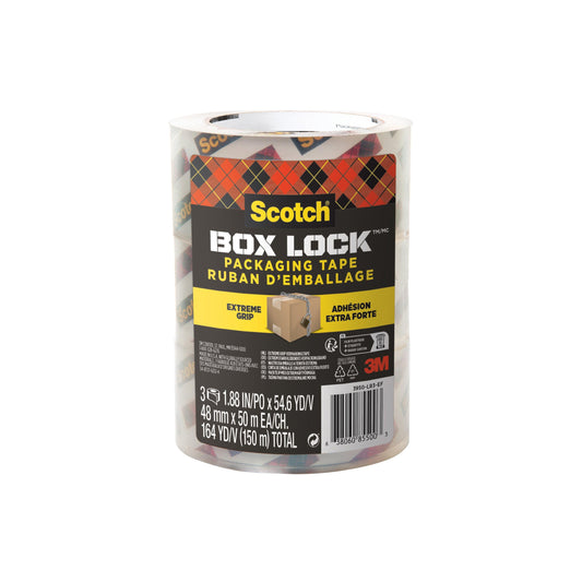 Eine Rolle 3M Scotch® Box Lock™ Verpackungsklebeband 3950-LR3-DC (48 mm x 50 m) mit einem schwarz-gelben, zweisprachigen Etikett ("Extreme Grip") sowie einer Verpackungsabbildung. Verkauft in einer Packung mit 3 Rollen von 3M Deutschland GmbH.