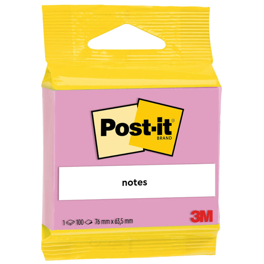 Eine Packung 3M Post-it® Notes (63,5 x 76 mm, 100 Blatt) der 3M Deutschland GmbH, 100% PEFC-zertifiziert, mit gelber Oberseite, rosa Vorderseite, "notes" und "Haftnotizen" auf dem Etikett und dem roten 3M-Logo unten rechts.