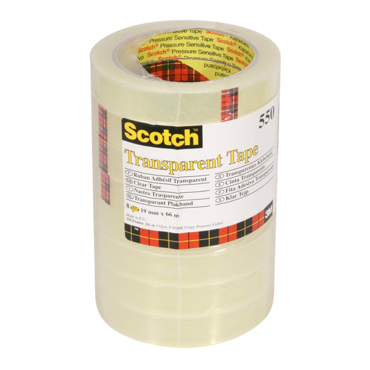Eine Packung mit 8 Rollen Scotch® Transparentes Klebeband 550 (19 mm x 66 m) der 3M Deutschland GmbH, bestehend aus einem transparenten Klebeband und einem Etikett mit kariertem Design, Produktdetails und mehrsprachigen Informationen.