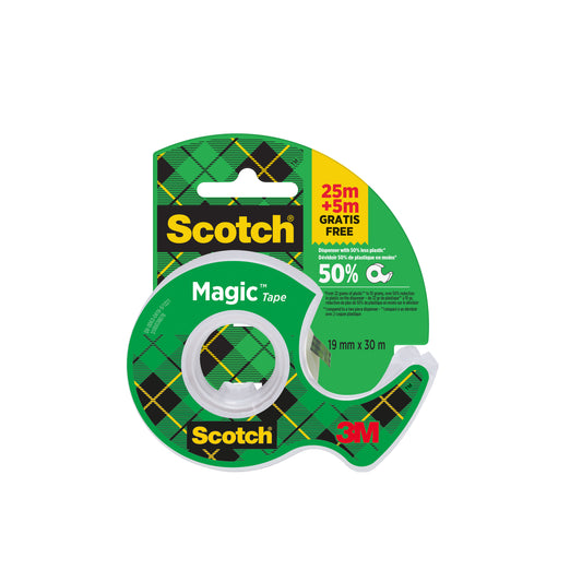 Eine Rolle Scotch® Magic™ Unsichtbares Klebeband von 3M Deutschland GmbH, 19mm x 25m plus 5m gratis, kommt auf einem Handabroller in einer Packung.
