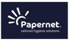 Weiße Schachtel Papernet Servietten, Produktcode 416602, blau-weißes Etikett mit Handlogo und Produktdetails