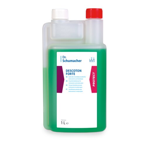 Una bottiglia trasparente da 1 litro della Dr. Schumacher GmbH Dr. Schumacher DESCOTON FORTE, liquido verde per la disinfezione degli strumenti, è dotata di un'etichetta bianco-viola e un tappo rosso sulla camera di dosaggio.