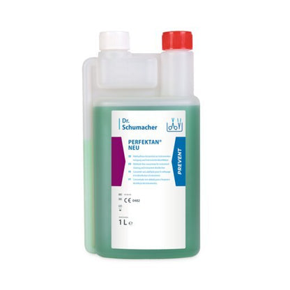 Una bottiglia di plastica da 1 litro della Dr. Schumacher GmbH PERFEKTAN® NEU con liquido verde, tappo rosso ed etichetta bianca - perfetta per la disinfezione delle superfici in ambienti igienici.