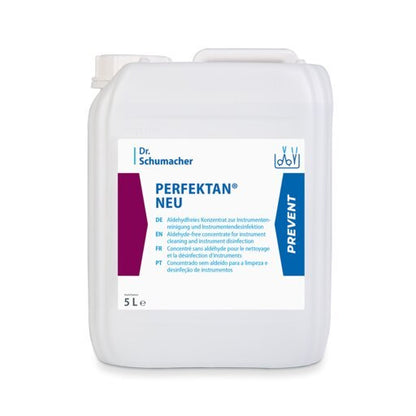 Contenitore di plastica bianco da 5 litri "Dr. Schumacher PERFEKTAN® NEU" della Dr. Schumacher GmbH con testo multilingue, etichetta blu e tappo a vite bianco - ideale per ambienti igienici e disinfezione efficace delle superfici.