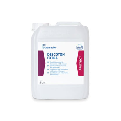 Un contenitore di plastica bianco da 5 litri della Dr. Schumacher GmbH DESCOTON EXTRA disinfettante per strumenti chirurgici ed endoscopi, con un manico e un'etichetta blu e bianca con accenti rossi.