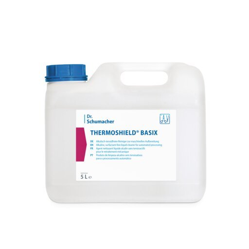 Un tanica bianca da 5 litri della Dr. Schumacher GmbH con l'etichetta "THERMOSHIELD BASIX" ha un coperchio blu e informazioni multilingue sul davanti - ideale per la protezione delle superfici e la protezione dal freddo.