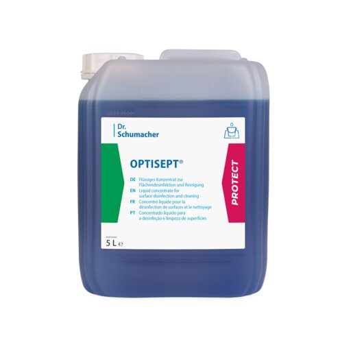 Un contenitore di plastica da 5 litri del detergente disinfettante Dr. Schumacher OPTISEPT® della Dr. Schumacher GmbH con liquido blu ed etichetta bianca multilingue per una disinfezione e pulizia efficace delle superfici.