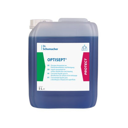 Un contenitore di plastica da 5 litri del detergente disinfettante Dr. Schumacher OPTISEPT® della Dr. Schumacher GmbH con liquido blu ed etichetta bianca multilingue per una disinfezione e pulizia efficace delle superfici.