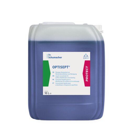 Un contenitore da 10 litri del detergente disinfettante OPTISEPT® della Dr. Schumacher GmbH con liquido blu, etichetta bianca con informazioni multilingue e sezione "PROTECT" rossa in grassetto, è ideale per una disinfezione efficace delle superfici.