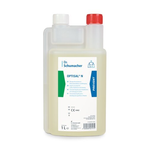 Bottiglia da 1 litro di disinfettante Dr. Schumacher OPTISAL® N con tappo rosso e camera di misurazione. L'etichetta ha indicazioni multilingue e una striscia blu PREVENT, ideale per la pulizia delicata dei dispositivi medici. Marca: Dr. Schumacher GmbH.