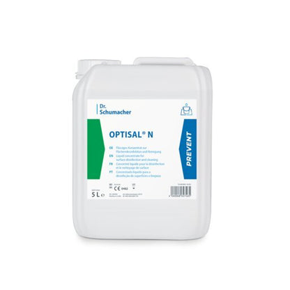 Un contenitore di plastica bianco da 5L con l'etichetta "Dr. Schumacher OPTISAL® N" della Dr. Schumacher GmbH, sviluppato per la pulizia e la disinfezione delicata dei dispositivi medici. L'etichetta è multilingue e ha una striscia blu "PREVENT" sul lato destro.
