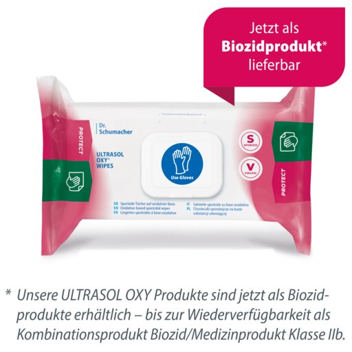 Una confezione di salviette disinfettanti Dr. Schumacher Ultrasol Oxy Wipes (108 salviette) è contrassegnata dal simbolo blu "Use Gloves" (Usare guanti) e indica la sua disponibilità come prodotto biocida, mentre il testo tedesco sottolinea l'uso per l'inventario medico.