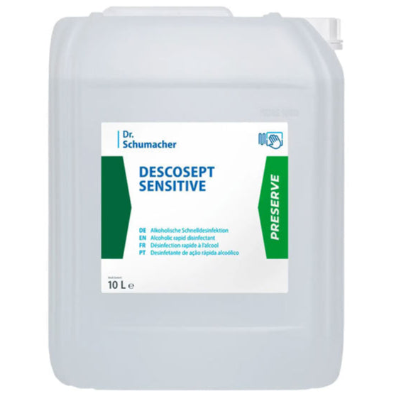Un contenitore di plastica da 10 litri della Dr. Schumacher GmbH Descosept Sensitive Disinfezione Rapida, con un'etichetta bianco-verde e un tappo bianco in alto a destra - ideale per attrezzature mediche.