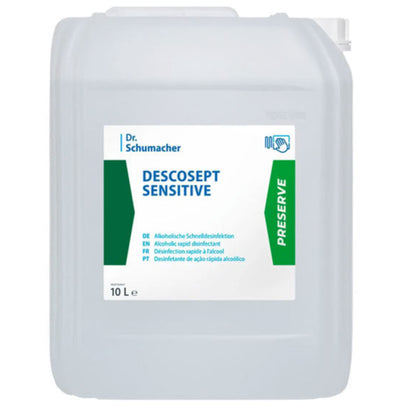 Un contenitore di plastica da 10 litri della Dr. Schumacher GmbH Descosept Sensitive Disinfezione Rapida, con un'etichetta bianco-verde e un tappo bianco in alto a destra - ideale per attrezzature mediche.