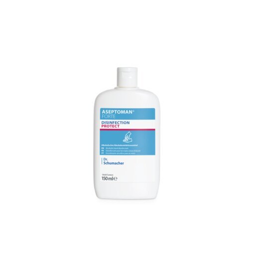 Il disinfettante per le mani Dr. Schumacher Aseptoman® forte della Dr. Schumacher GmbH nella bottiglia di plastica bianca da 150 ml con etichetta blu-rosa e chiusura a scatto contiene un liquido virucida e delicato sulla pelle.
