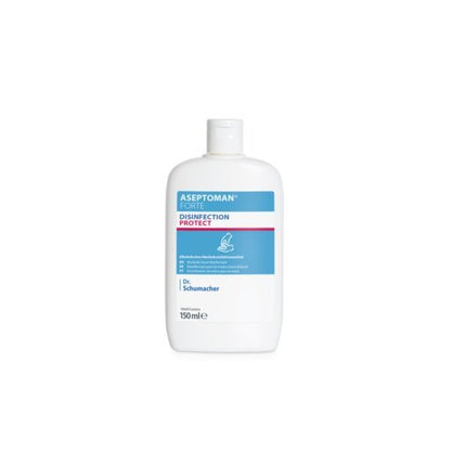 Il disinfettante per le mani Dr. Schumacher Aseptoman® forte della Dr. Schumacher GmbH nella bottiglia di plastica bianca da 150 ml con etichetta blu-rosa e chiusura a scatto contiene un liquido virucida e delicato sulla pelle.