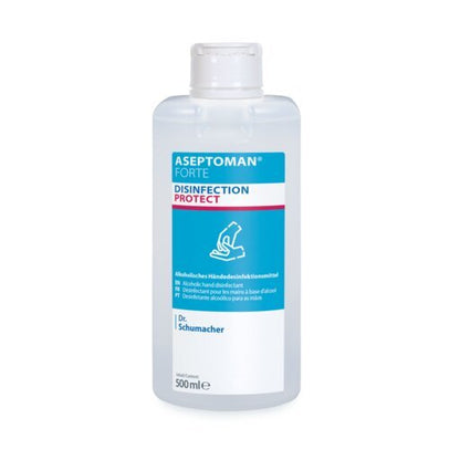 Una bottiglia trasparente da 500 ml di disinfettante per le mani Dr. Schumacher GmbH Aseptoman® forte, etichetta blu-bianca, con chiusura a scatto bianca.