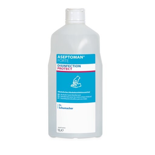 Una bottiglia trasparente da 1 litro di disinfettante per le mani Dr. Schumacher Aseptoman® forte della Dr. Schumacher GmbH, un disinfettante alcolico, virucida e delicato sulla pelle con etichetta blu-rossa con simboli di sicurezza.