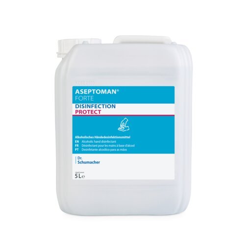 Un contenitore bianco traslucido da 5 litri con la scritta "Dr. Schumacher Aseptoman® forte disinfettante per le mani" della Dr. Schumacher GmbH, un disinfettante alcolico e delicato sulla pelle con effetto virucida. L'etichetta è in tedesco, inglese e francese.