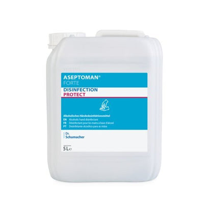 Un contenitore bianco traslucido da 5 litri con la scritta "Dr. Schumacher Aseptoman® forte disinfettante per le mani" della Dr. Schumacher GmbH, un disinfettante alcolico e delicato sulla pelle con effetto virucida. L'etichetta è in tedesco, inglese e francese.