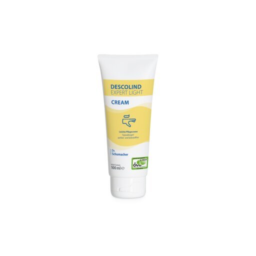 Un tubo da 100 ml di crema per le mani Dr. Schumacher DESCOLIND EXPERT LIGHT CREAM della Dr. Schumacher GmbH, con tappo bianco ed etichetta giallo-blu, è in piedi su sfondo bianco - ideale per pelle sensibile e ipoallergenica.