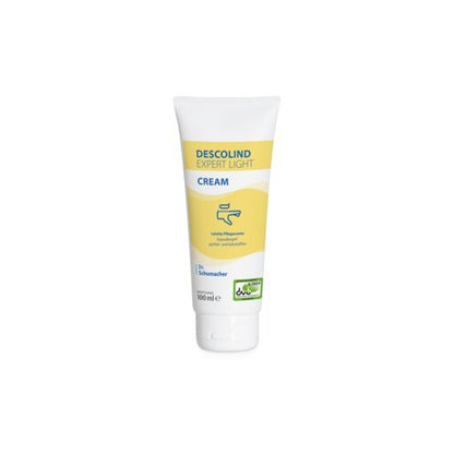 Un tubo da 100 ml di crema per le mani Dr. Schumacher DESCOLIND EXPERT LIGHT CREAM della Dr. Schumacher GmbH, con tappo bianco ed etichetta giallo-blu, è in piedi su sfondo bianco - ideale per pelle sensibile e ipoallergenica.