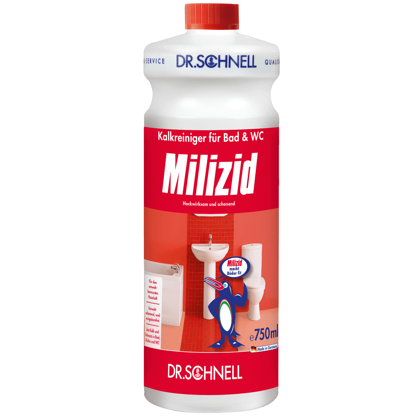 La bottiglia da 750 ml Dr. Schnell MILIZID KALKREINIGER della DR.SCHNELL GmbH & Co. KGaA con etichetta rossa e bianca e motivo da bagno è un potente anticalcare per la pulizia di bagno e toilette.