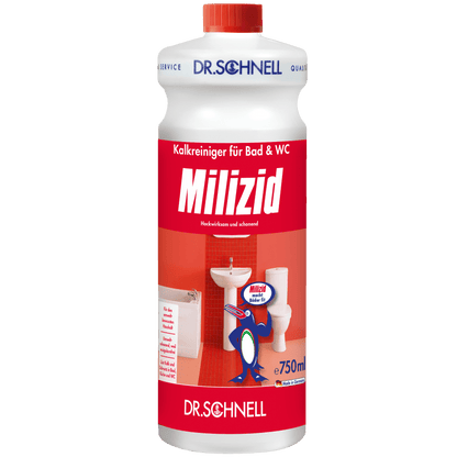 La bottiglia da 750 ml Dr. Schnell MILIZID KALKREINIGER della DR.SCHNELL GmbH & Co. KGaA con etichetta rossa e bianca e motivo da bagno è un potente anticalcare per la pulizia di bagno e toilette.