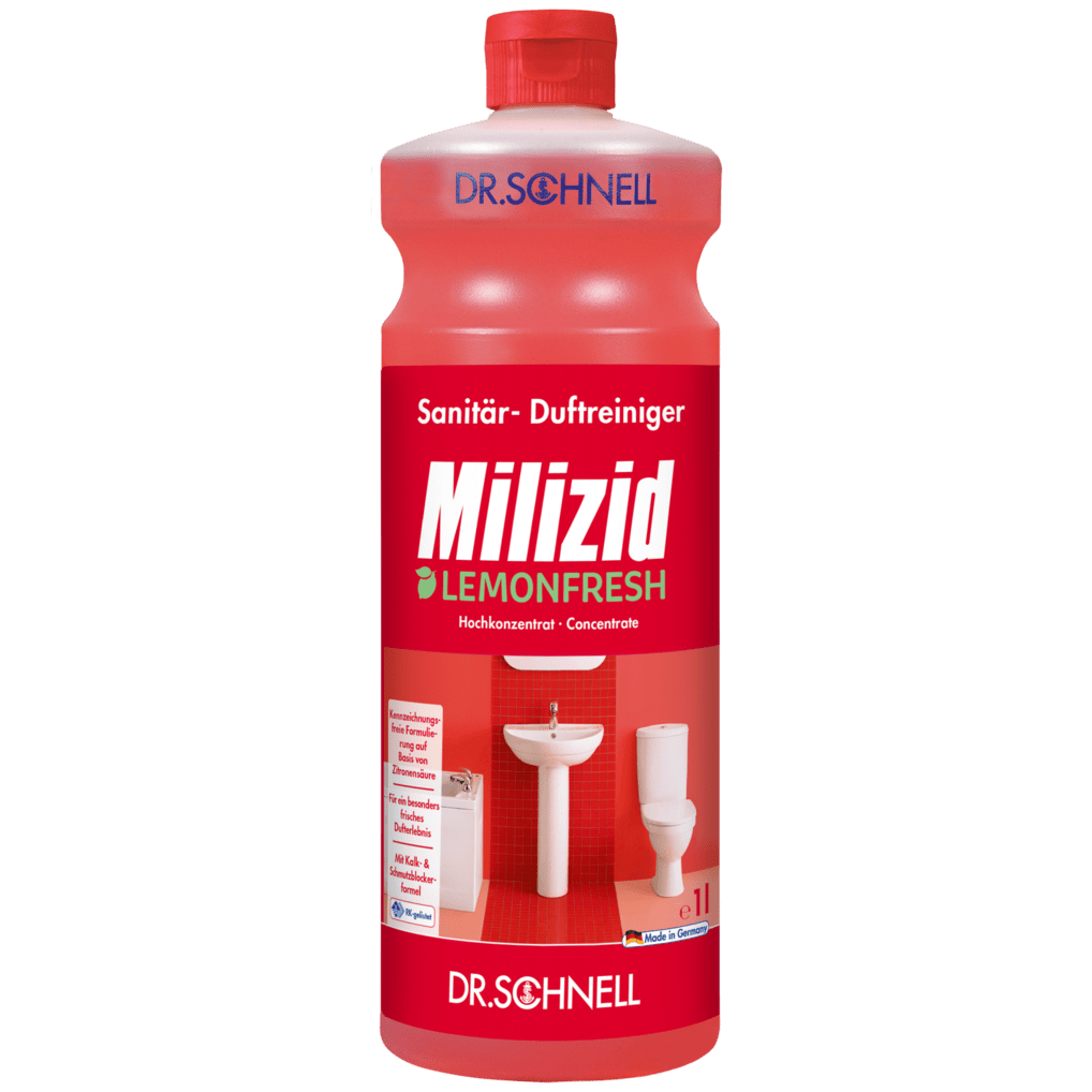 Una bottiglia rossa di Dr. Schnell MILIZID LEMONFRESH della DR.SCHNELL GmbH & Co. KGaA, con tappo a vite rosso, testo in tedesco e le immagini di un lavandino e di un WC sull'etichetta.