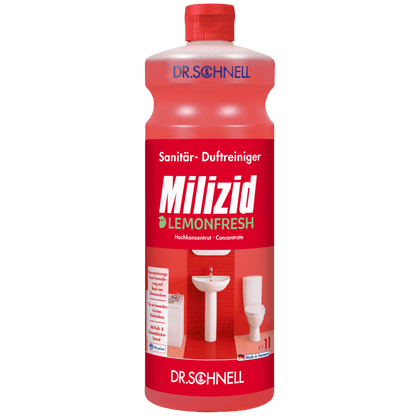 Una bottiglia rossa di Dr. Schnell MILIZID LEMONFRESH della DR.SCHNELL GmbH & Co. KGaA, con tappo a vite rosso, testo in tedesco e le immagini di un lavandino e di un WC sull'etichetta.