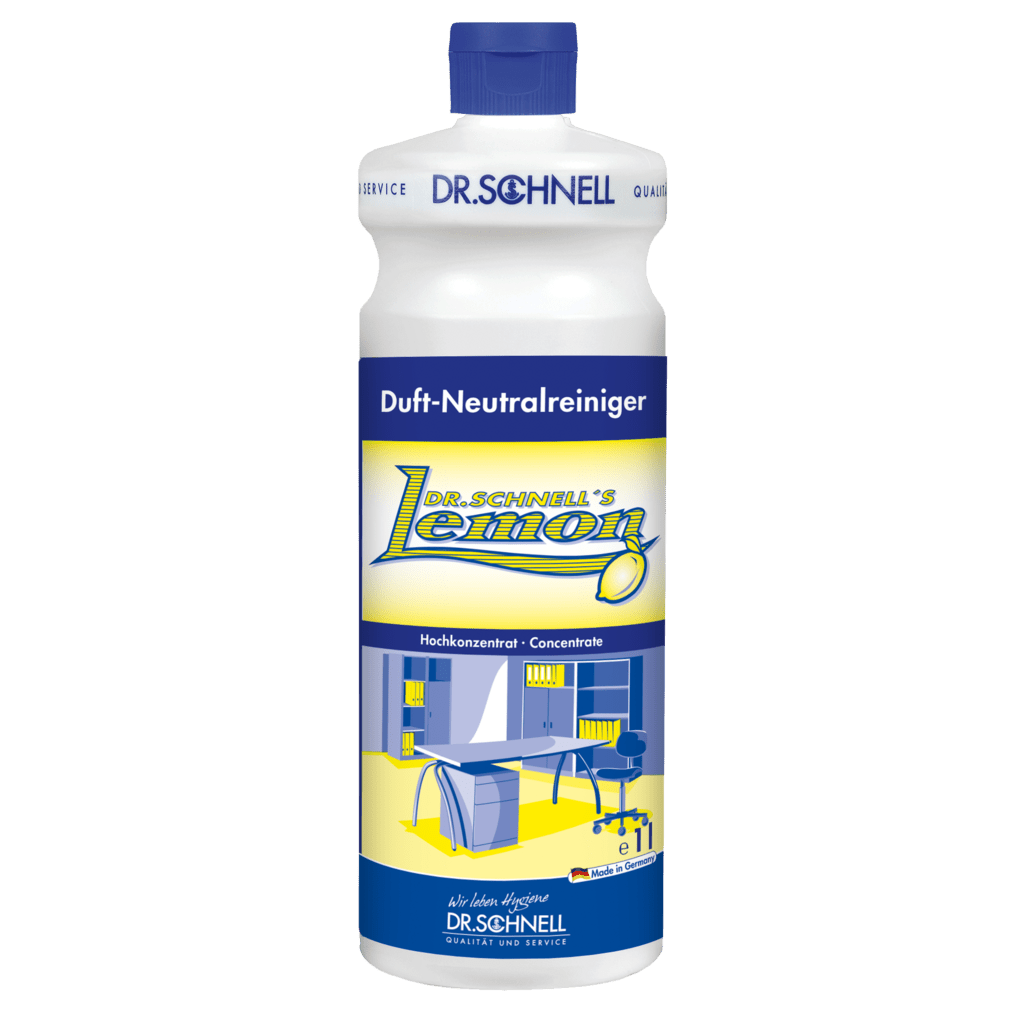 Una bottiglia di plastica di Dr. Schnell DR.SCHNELL'S LEMON della DR.SCHNELL GmbH & Co. KGaA, con tappo blu e etichetta giallo-blu che mostra una cucina moderna, ideale per la pulizia domestica.